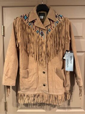 1990s Suede Fringe Leather Jacket with Embroidered Yoke - Tan